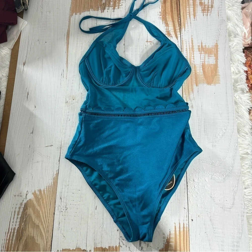 Ted Baker Kesia Scalloped Mesh One Piece Swimsuit Size 32C Teal - Picture 4 of 7